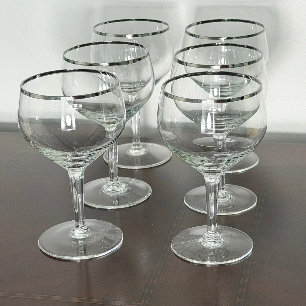 Vintage Silver Rim Coupe Glasses Set of 6 MCM Cocktail Stemware Retro Barware